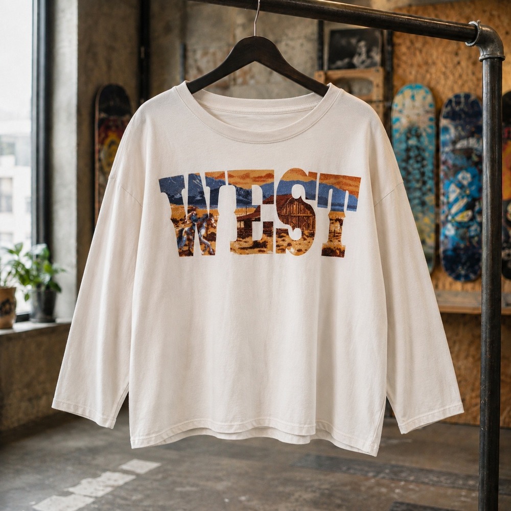 Cato West Graphic Tee Cream Long Sleeve Shirt Medium Boxy Western Vibe